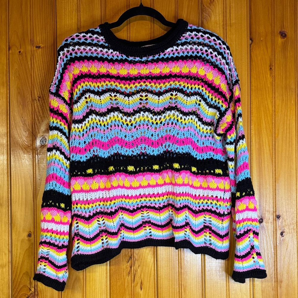 Miss Sparkling Colorful Striped Crocheted Women's Crew Neck Sweater